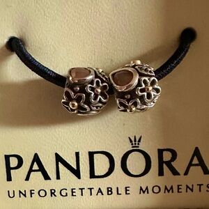 RARE‼️Authentic PANDORA Dew Drops Silver 14k Gold Orange Moonstone Onyx Charm‼️